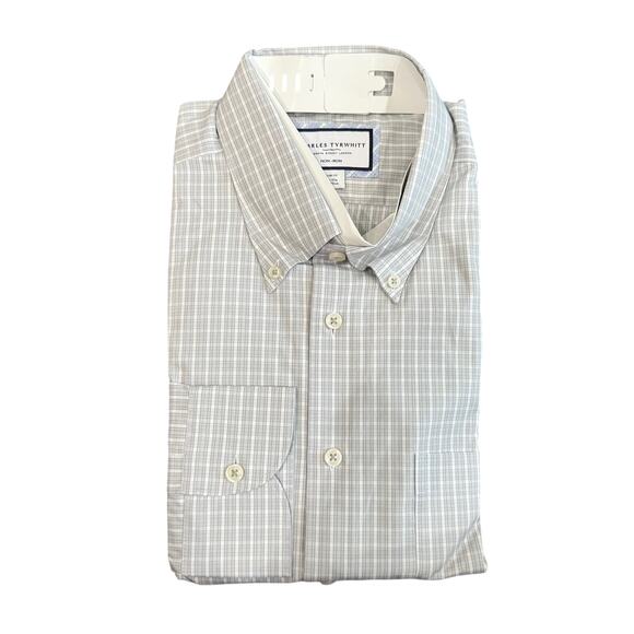 Charles Tyrwhitt Non-Iron Slim Fit Check Shirt in White/Gray, Size 17/37